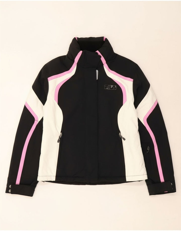 FILA Womens Hooded Windbreaker Jacket UK 14 Large Black Colourblock