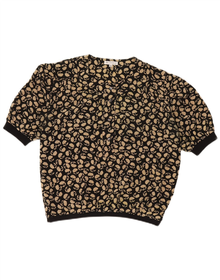 Camicetta corta da donna vintage Top UK 14 Seta floreale nera media