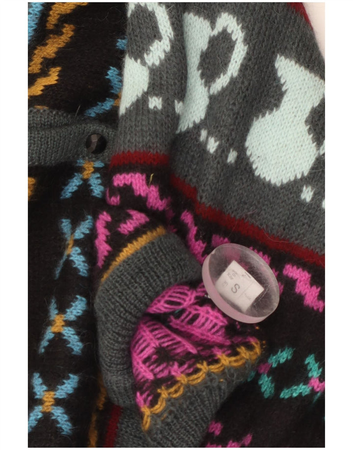 Maglione cardigan con motivo astratto da donna vintage UK 10 piccolo multicolore