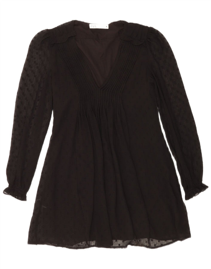 Abito tunica a maniche lunghe da donna Zara UK 10 piccolo poliestere maculato nero