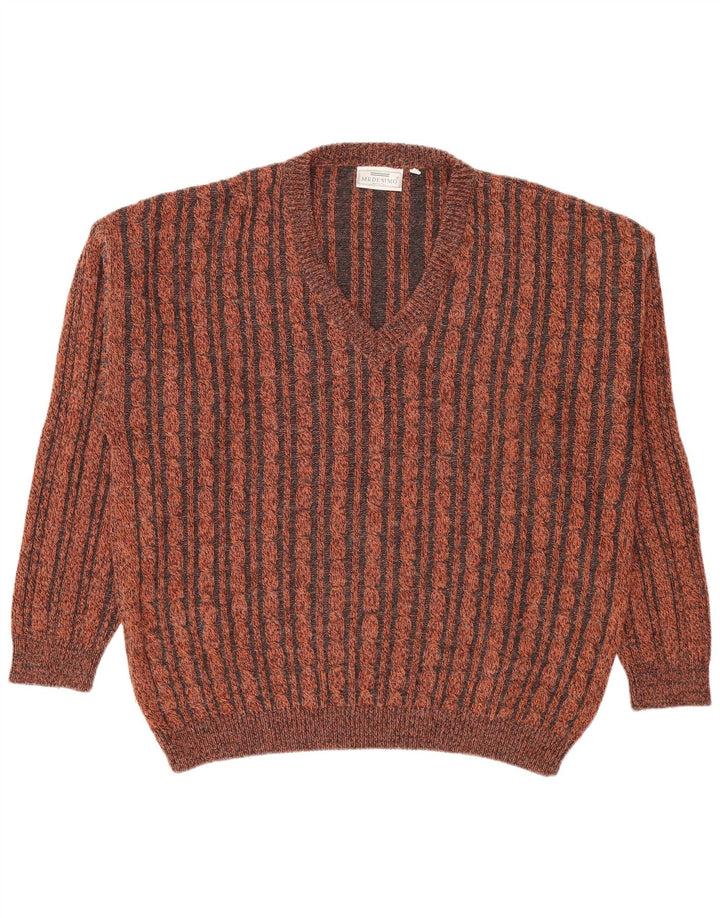 Maglione vintage da uomo con scollo a V piccolo a righe marroni