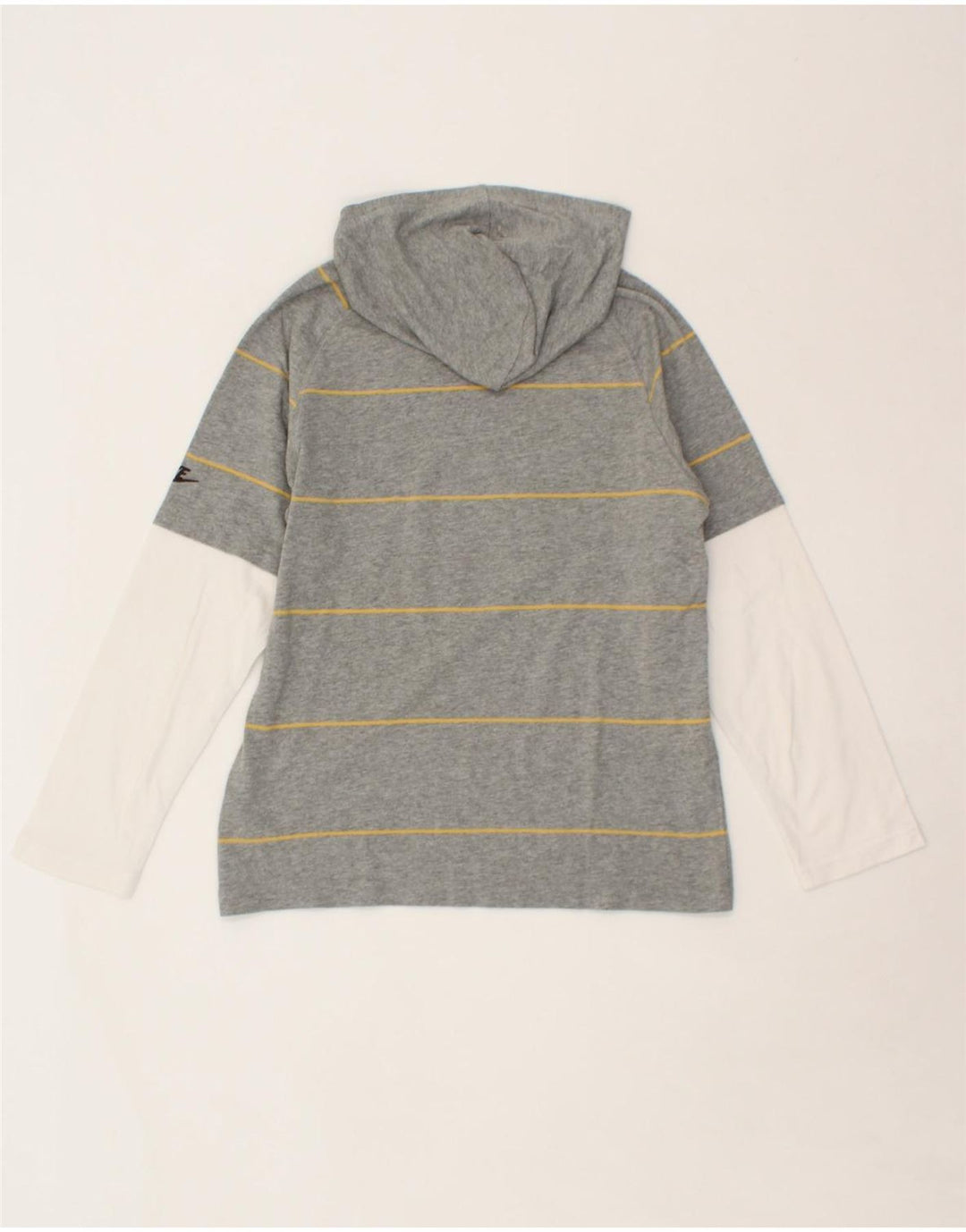 NIKE Boys Hooded Graphic Top Long Sleeve 10-11 Years Medium Grey Striped Vintage Nike and Second-Hand Nike from Messina Hembry 