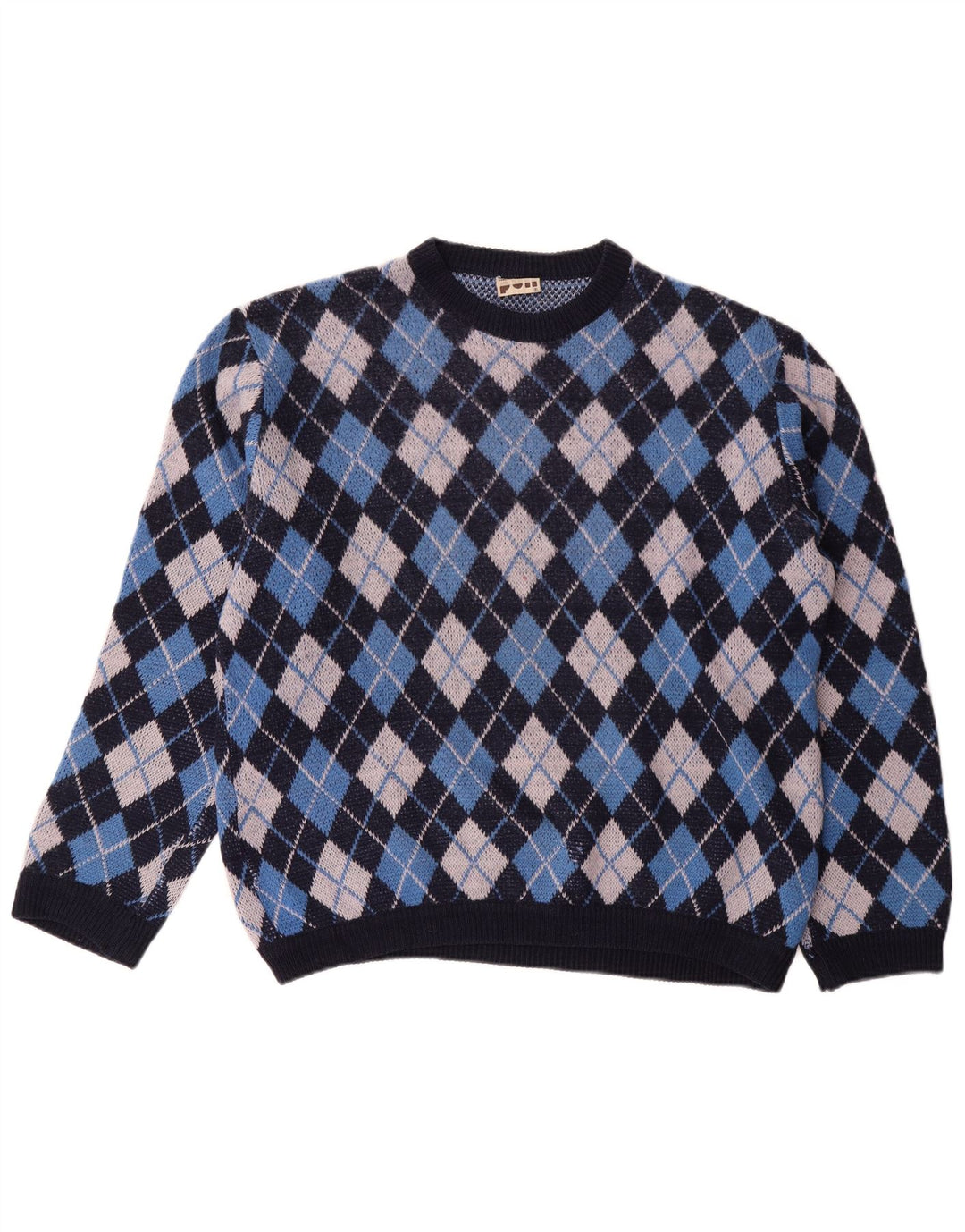VINTAGE Mens Crew Neck Jumper Sweater Large Blue Argyle/Diamond Classic