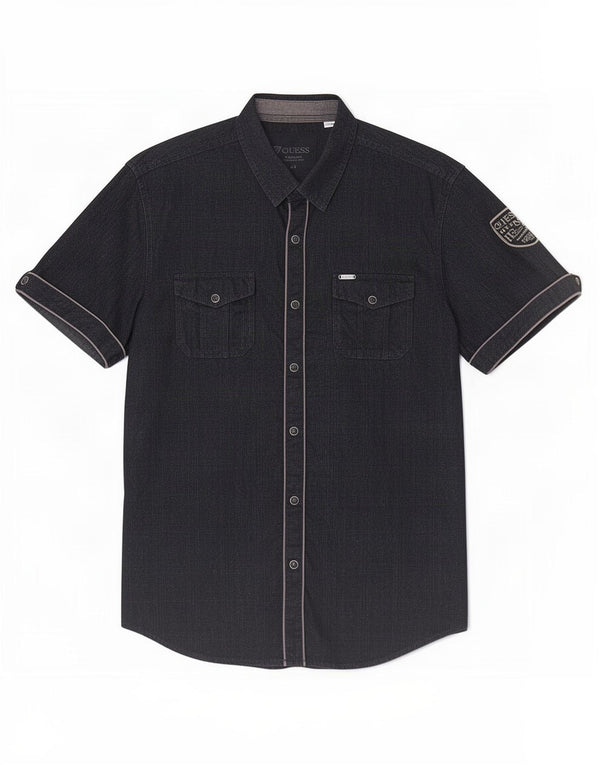 Guess Camicia grafica da uomo a maniche corte UK 40 Grande cotone a quadri neri
