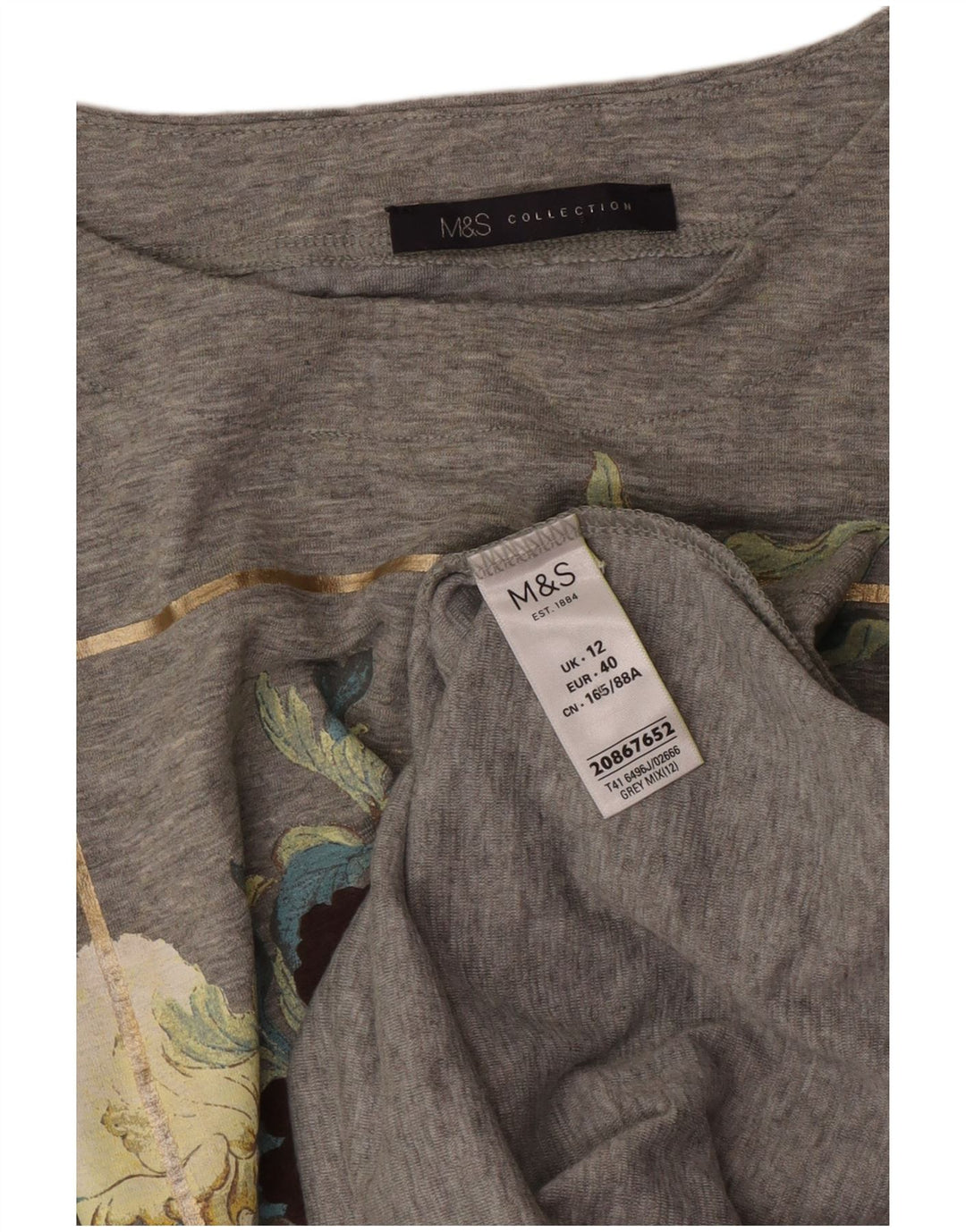 Marks & Spencer Top grafico da donna manica lunga UK 12 Grigio medio floreale