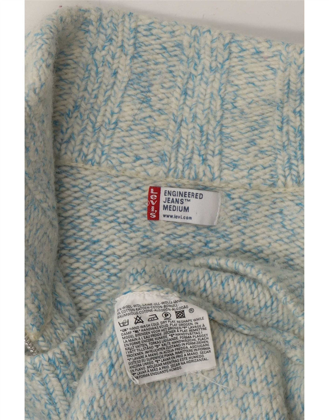 Maglione cardigan ingegnerizzato da donna Levi's UK 14 Lana screziata blu medio