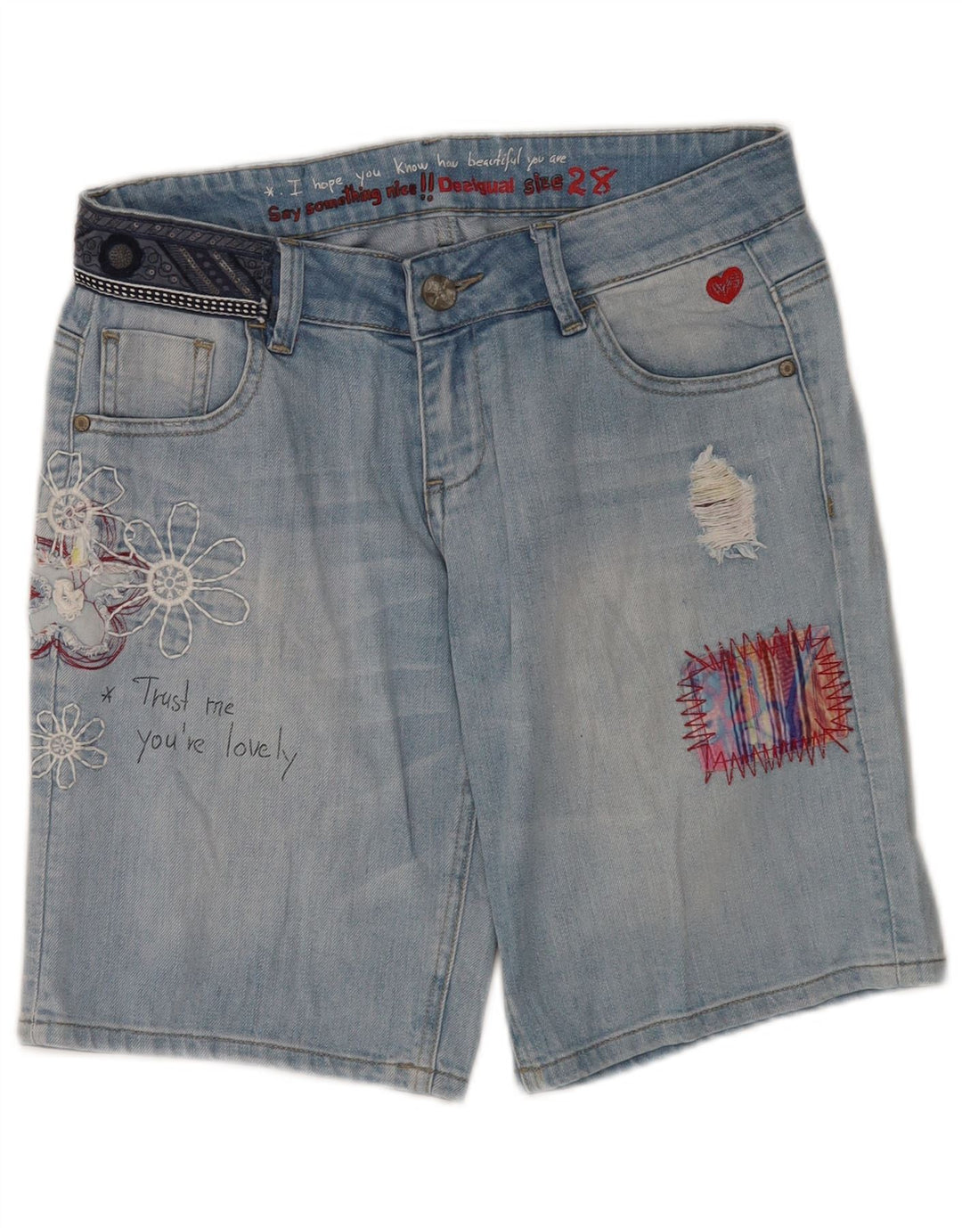 Desigual Pantaloncini di jeans invecchiati con grafica da donna W28 Blu medio floreale