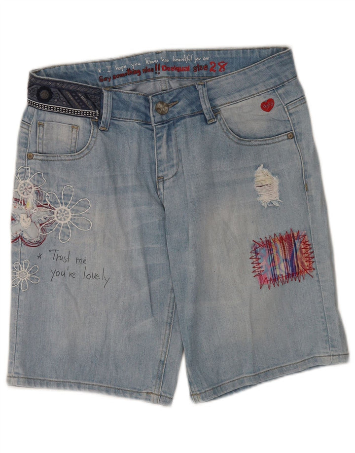 Desigual Pantaloncini di jeans invecchiati con grafica da donna W28 Blu medio floreale