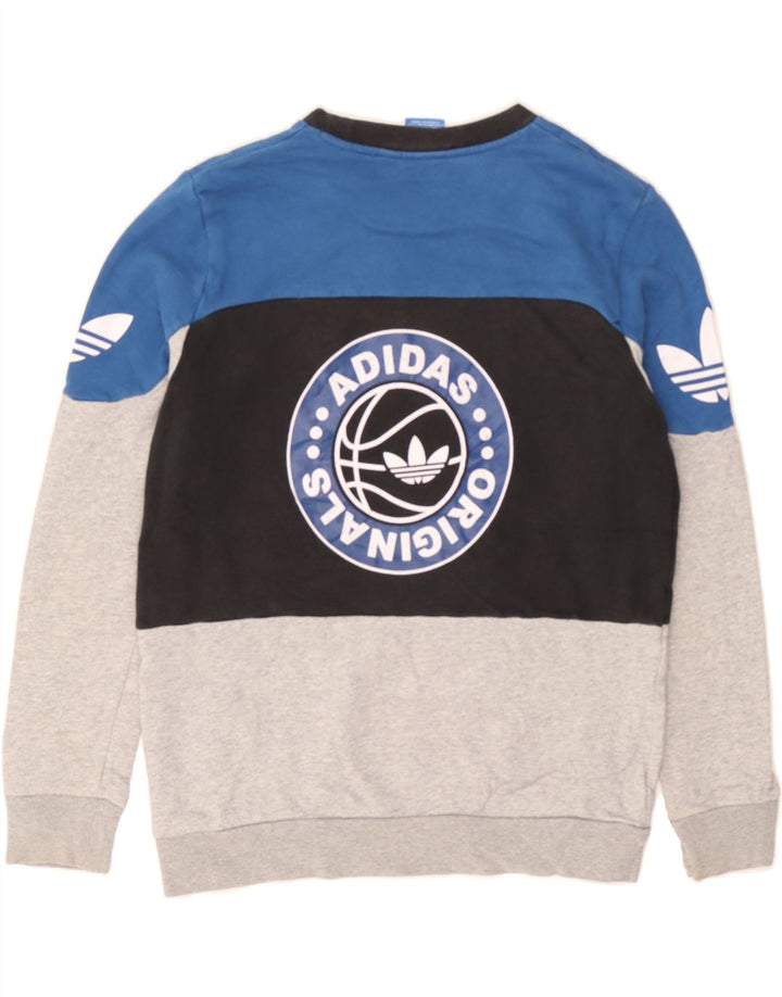 ADIDAS Boys Graphic Sweatshirt Jumper 13-14 Years Blue Colourblock Vintage Adidas and Second-Hand Adidas from Messina Hembry 