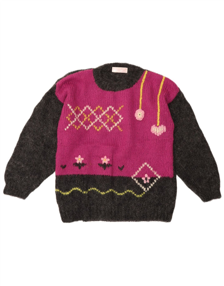 Maglione maglione girocollo da donna VINTAGE UK 14 Large Grey Colourblock