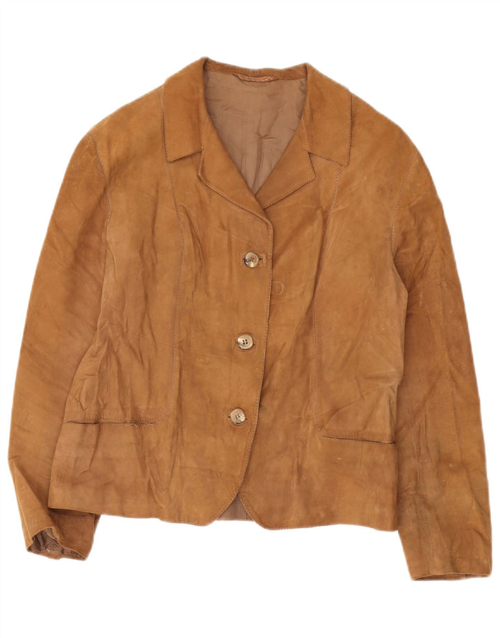 Giacca blazer vintage da donna in pelle scamosciata a 3 bottoni UK 12 Marrone medio