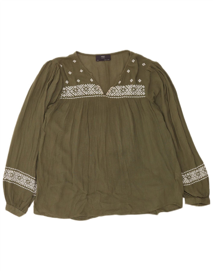 Top camicetta a maniche lunghe da donna Marks & Spencer UK 12 medio kaki geometrico