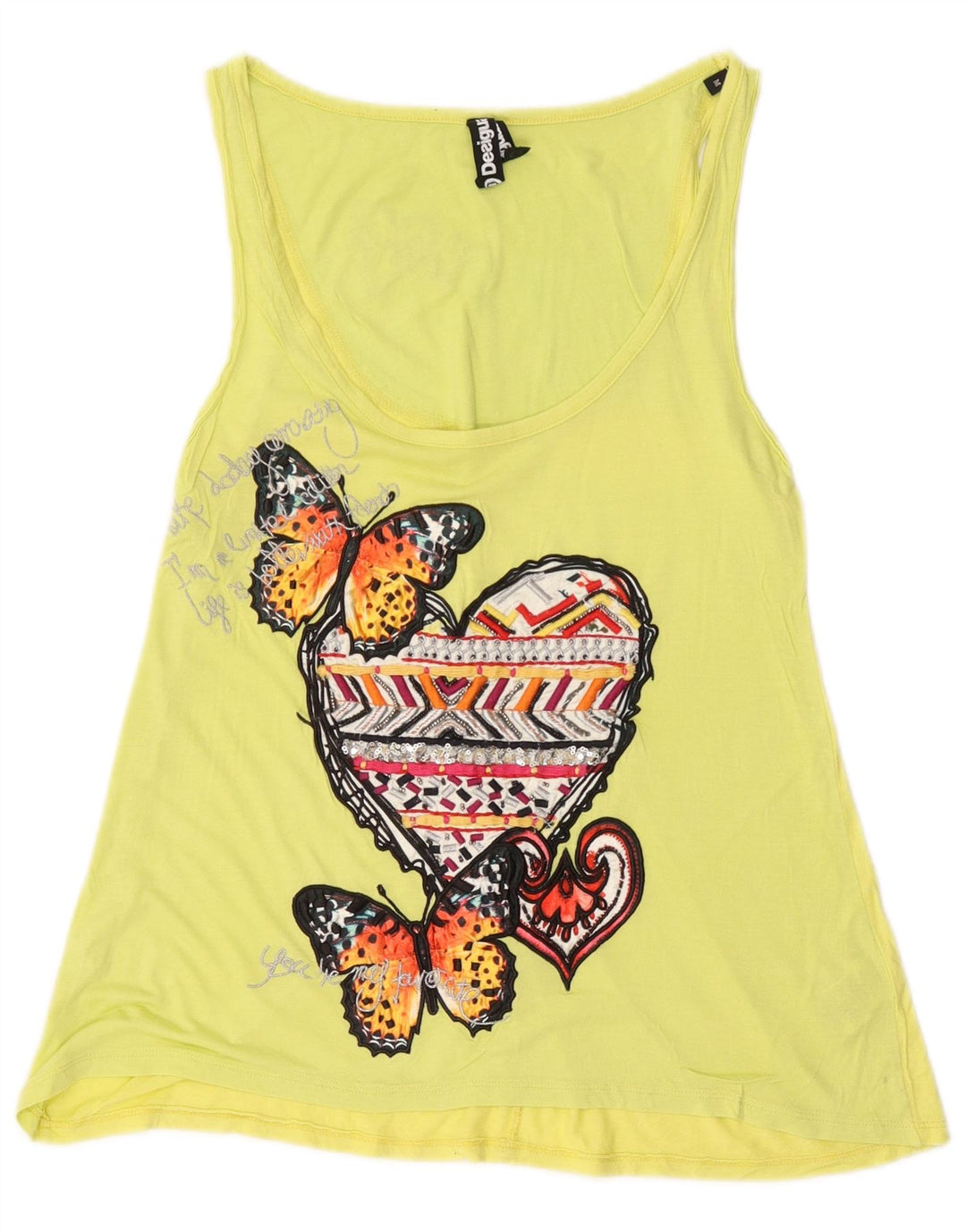 Desigual Womens Graphic Vest Top UK 14 Medium Yellow Viscose Butterfly