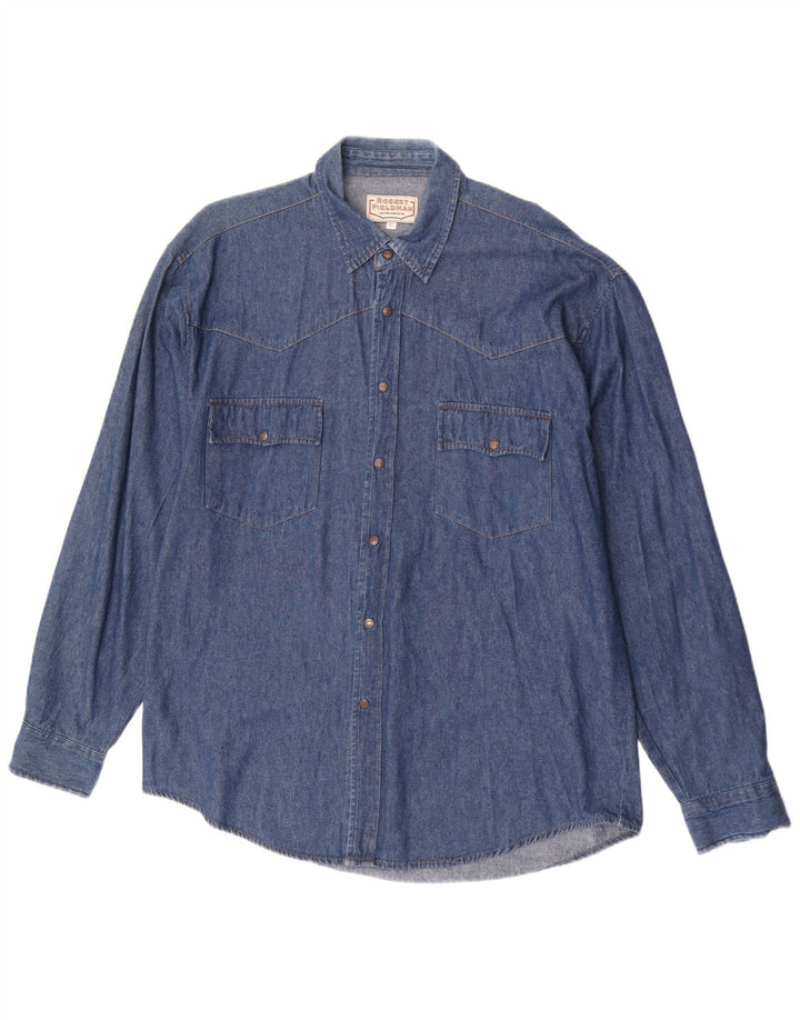 Camicia di jeans vintage da uomo grande in cotone blu