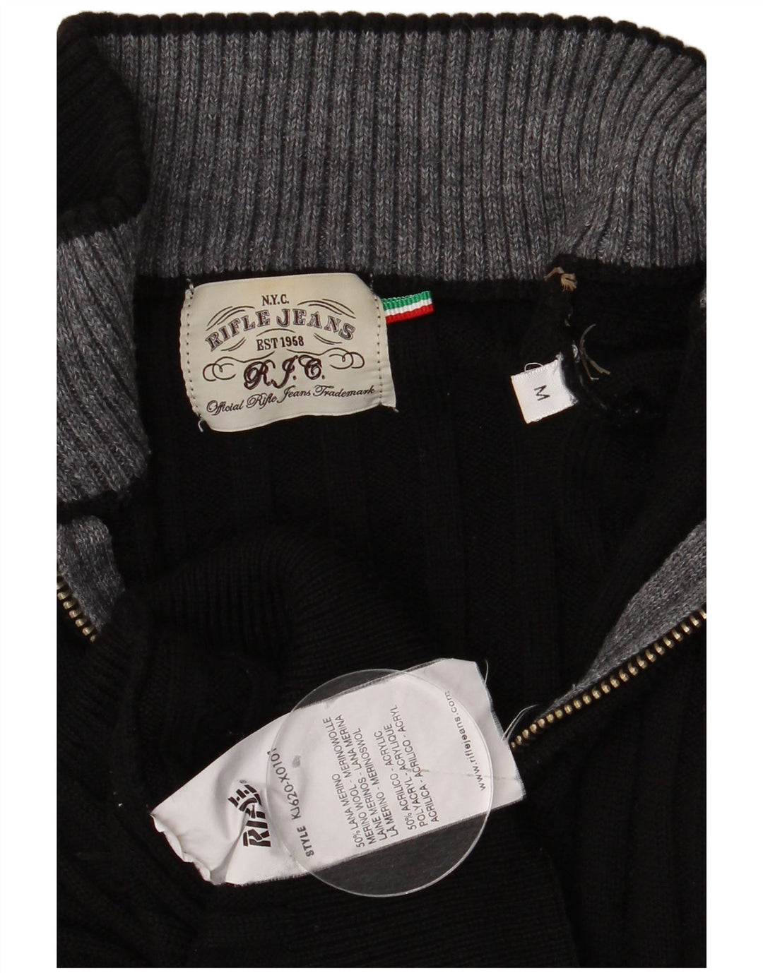 Maglione da uomo Rifle con zip e collo in lana merino nera media