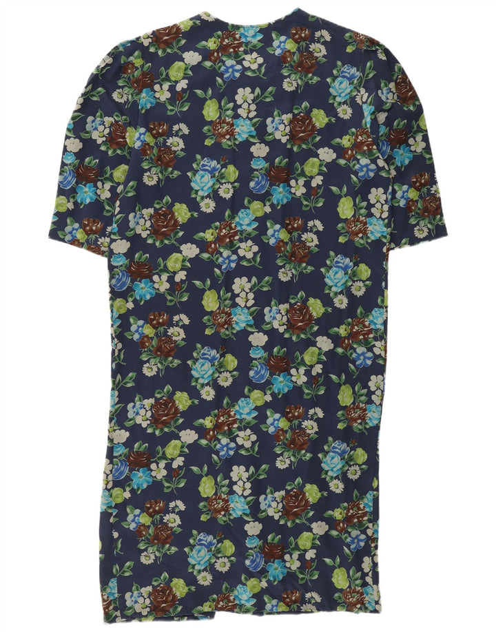 Abito a trapezio vintage da donna UK 12 Seta floreale blu navy medio