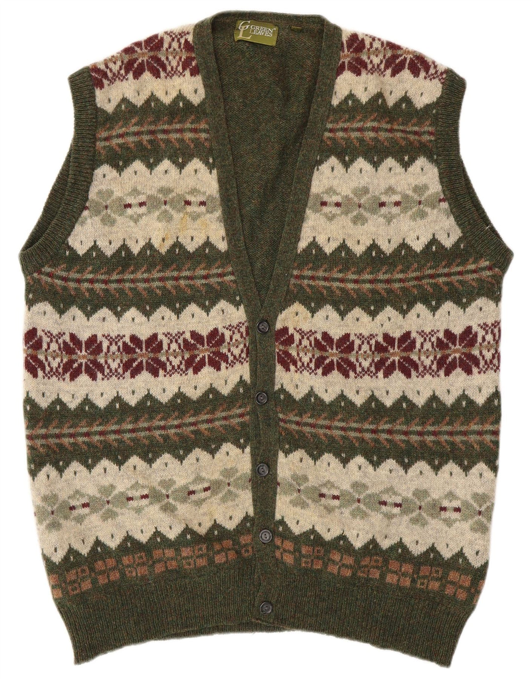 GREEN LEAVES Maglione cardigan senza maniche da uomo XL lana Fair Isle verde