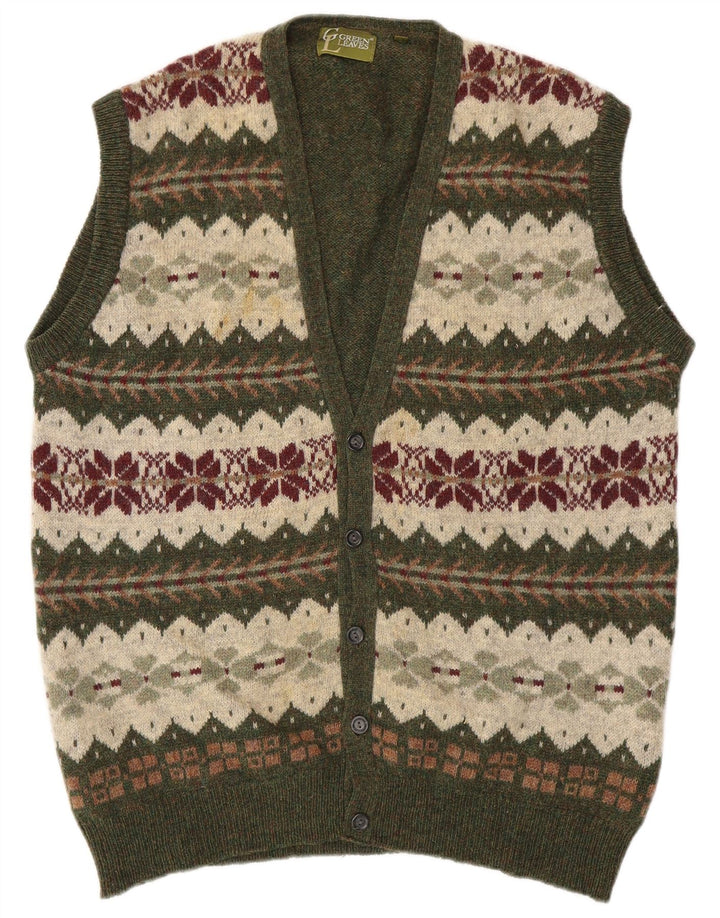 GREEN LEAVES Maglione cardigan senza maniche da uomo XL lana Fair Isle verde
