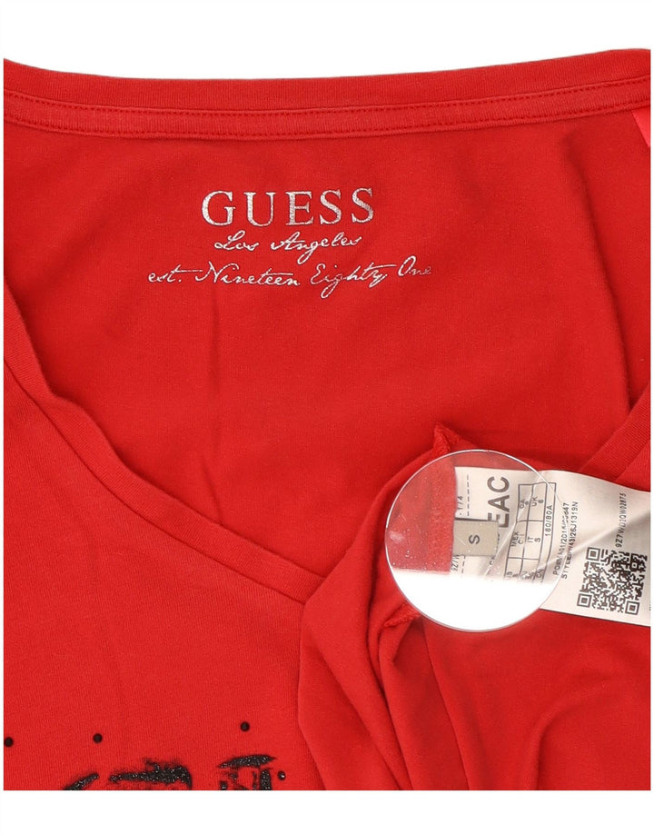 Guess Top grafico da donna a maniche lunghe UK 8 Small Rosso Cotone
