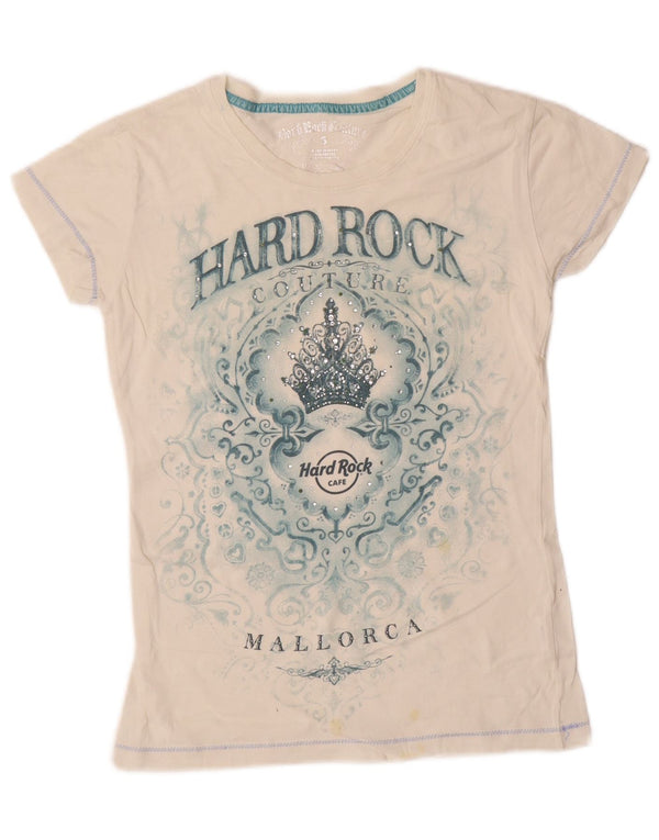 T-shirt grafica da donna Hard Rock Cafe Mallorca Top UK 10 piccola bianco sporco