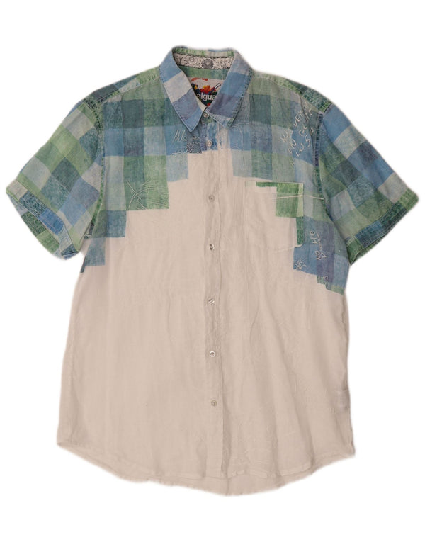 Desigual Camicia a maniche corte con grafica da uomo in lino bianco a quadri grandi