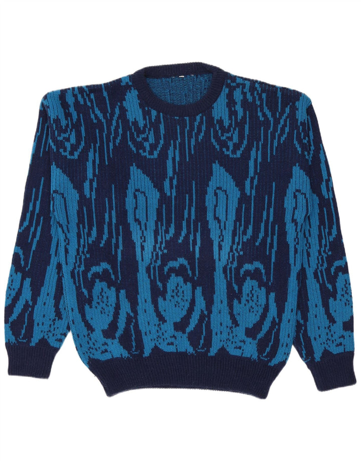 Maglione vintage da uomo girocollo IT 50 in lana geometrica blu medio