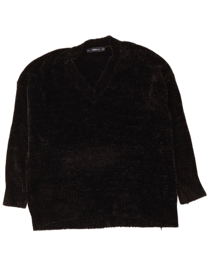 Maglione oversize con scollo a V in velluto da donna Zara UK 10 piccolo nero