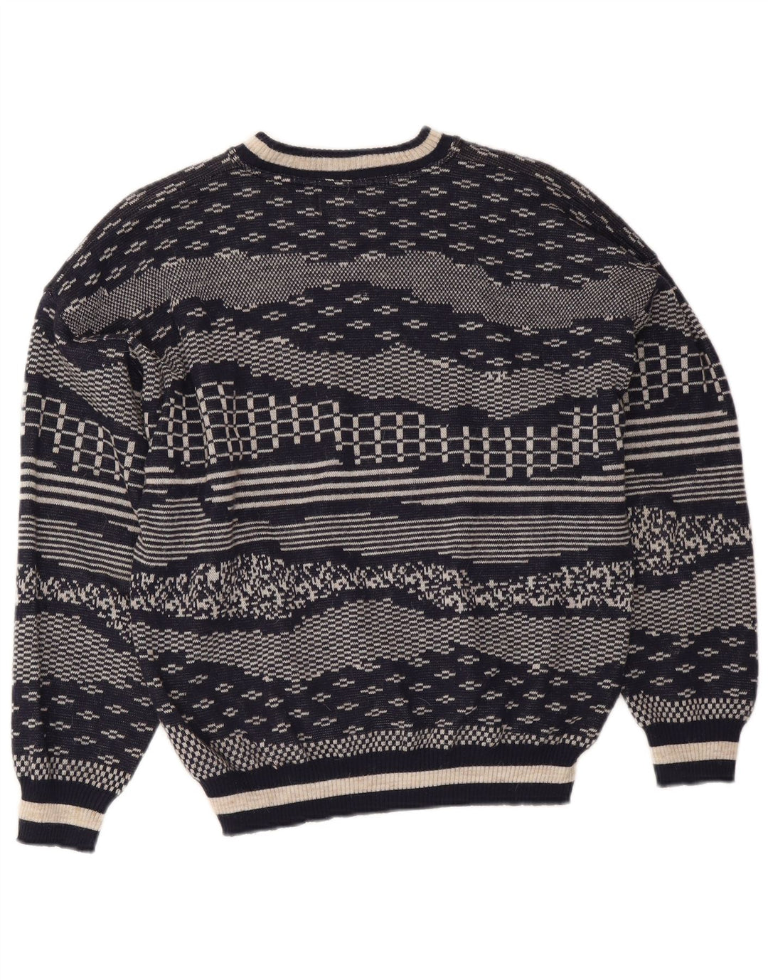 Maglione girocollo da uomo vintage in lana geometrica blu navy medio