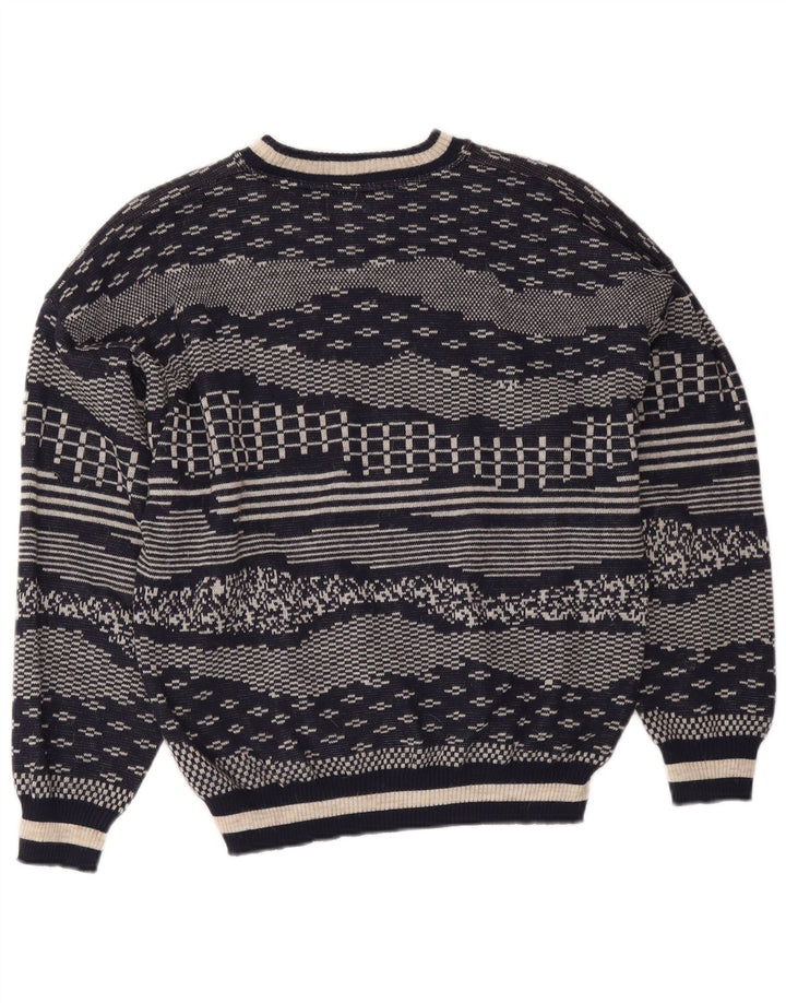 Maglione girocollo da uomo vintage in lana geometrica blu navy medio