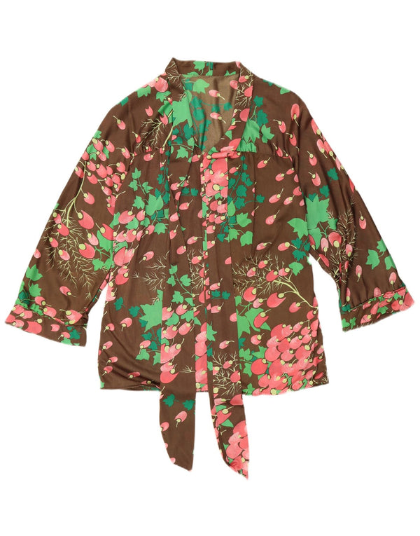 Camicetta vintage da donna a maniche lunghe con allacciatura sul davanti UK 14 Marrone medio floreale