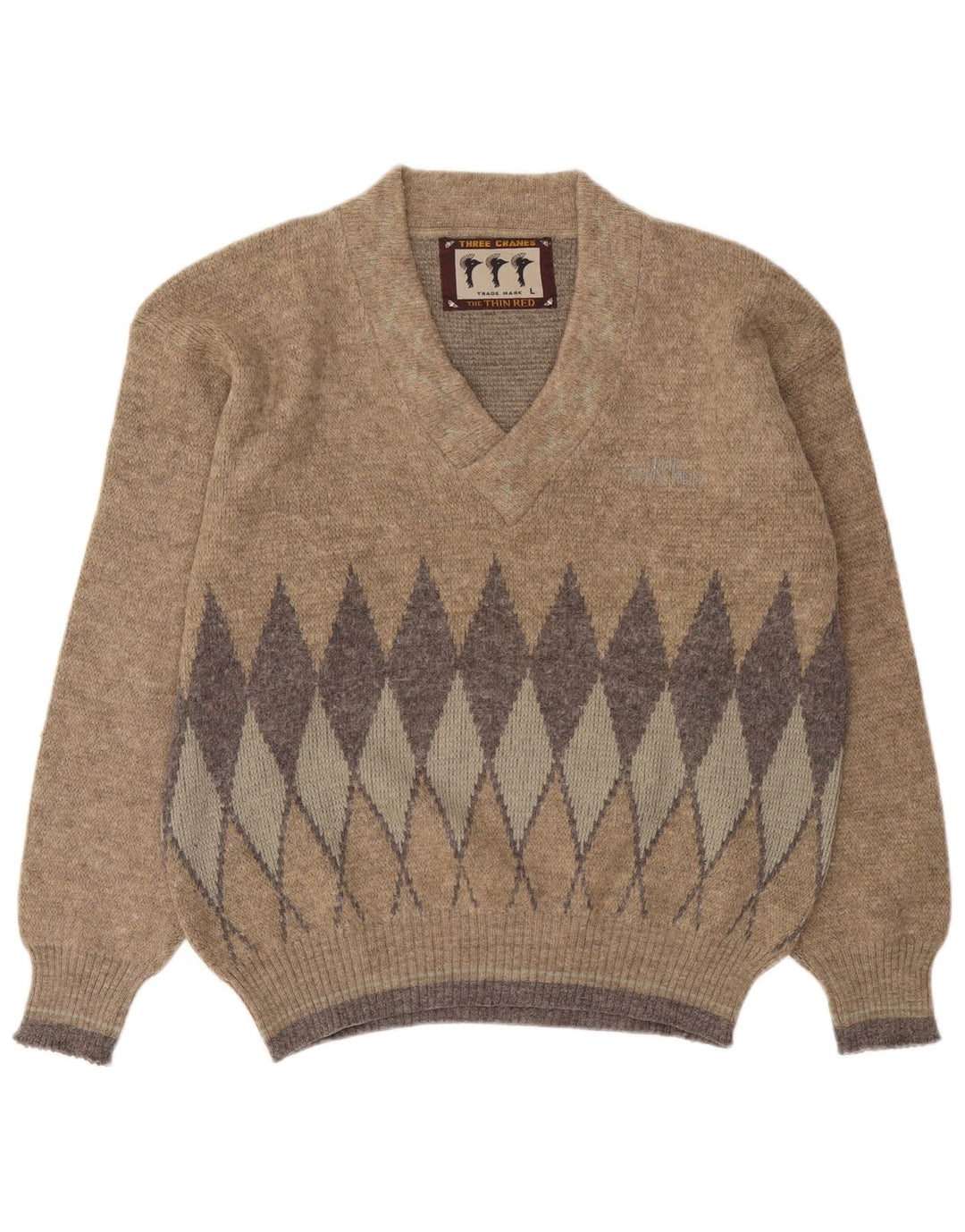 Maglione vintage da uomo con scollo a V grande beige a rombi/diamante