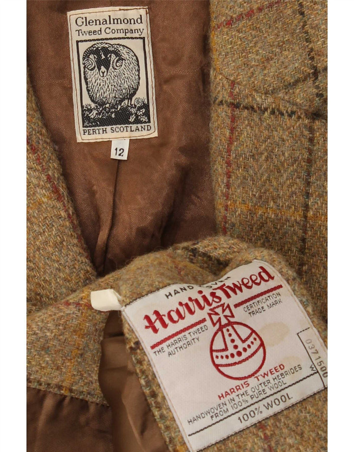 Giacca blazer a 3 bottoni da donna Harris Tweed UK 12 Lana a quadri marrone medio
