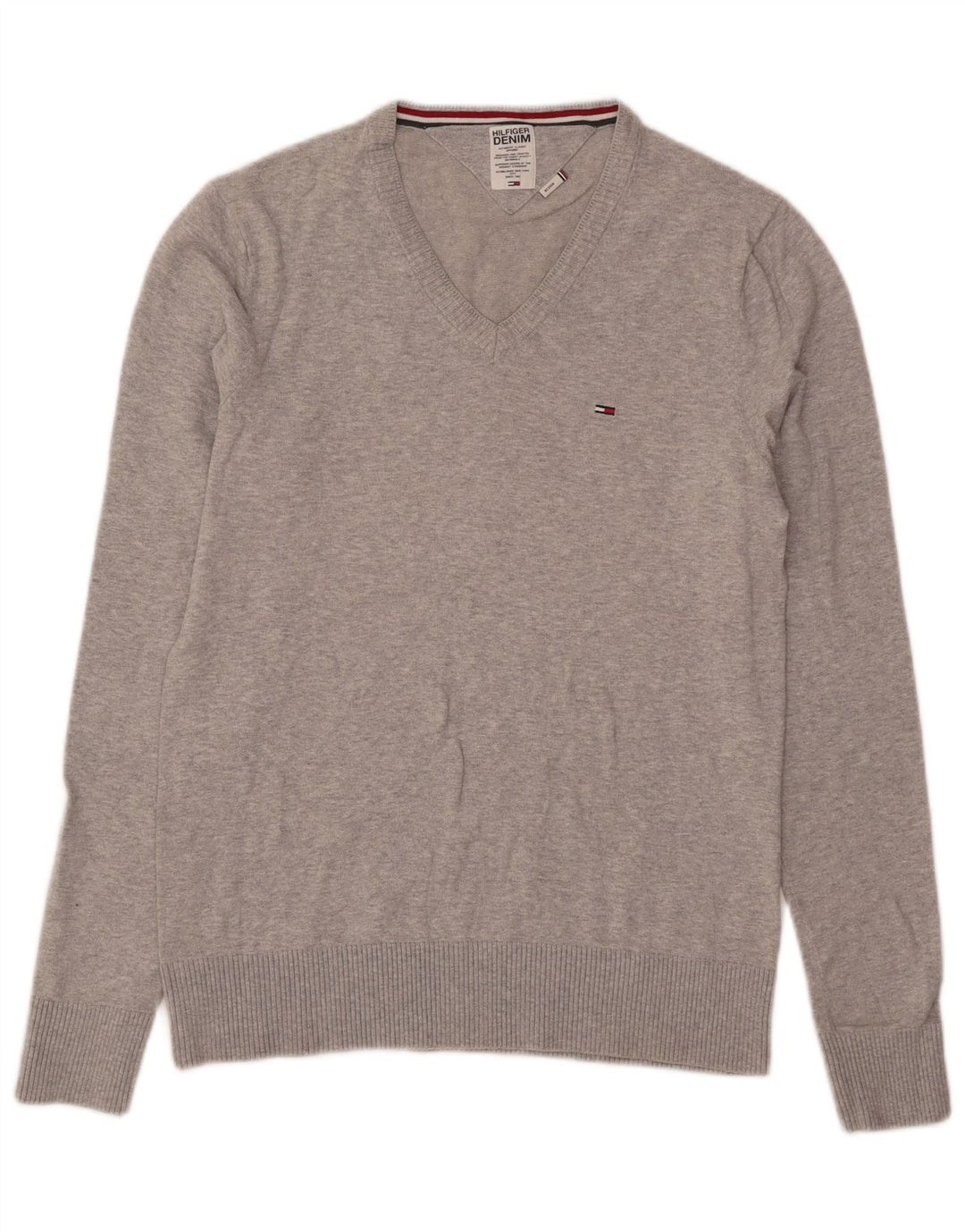 Maglione da uomo con scollo a V Tommy Hilfiger in cotone chiazzato grigio medio