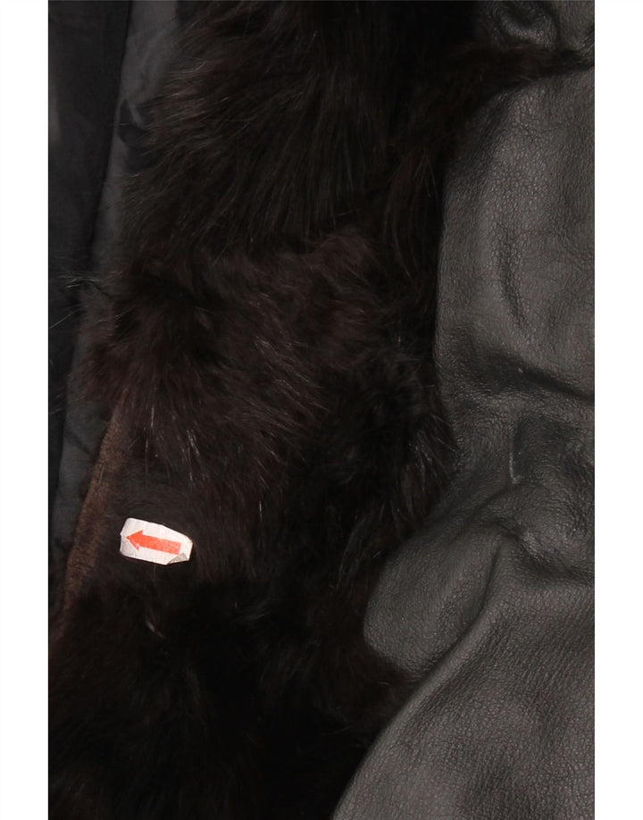 Giacca in pelle da donna vintage con pelliccia UK 14 media nera