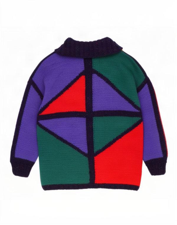 Maglione cardigan lungo da donna vintage UK 20 2XL multicolore geometrico