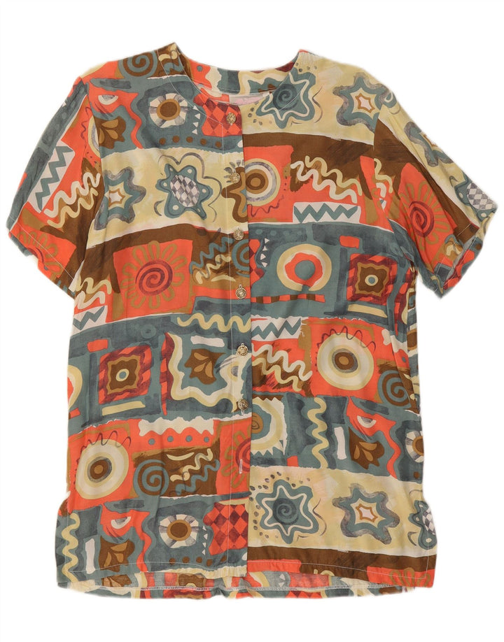 Camicetta camicia vintage da donna UK 14 media multicolore geometrica