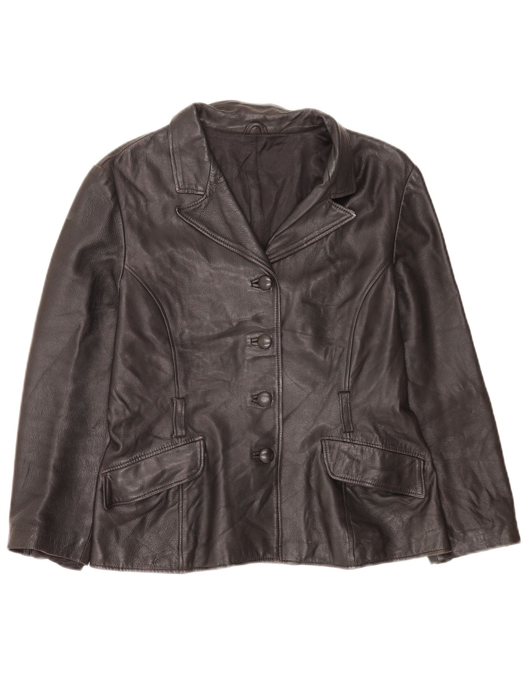 Giacca blazer in pelle vintage da donna a 4 bottoni UK 14 media nera classica