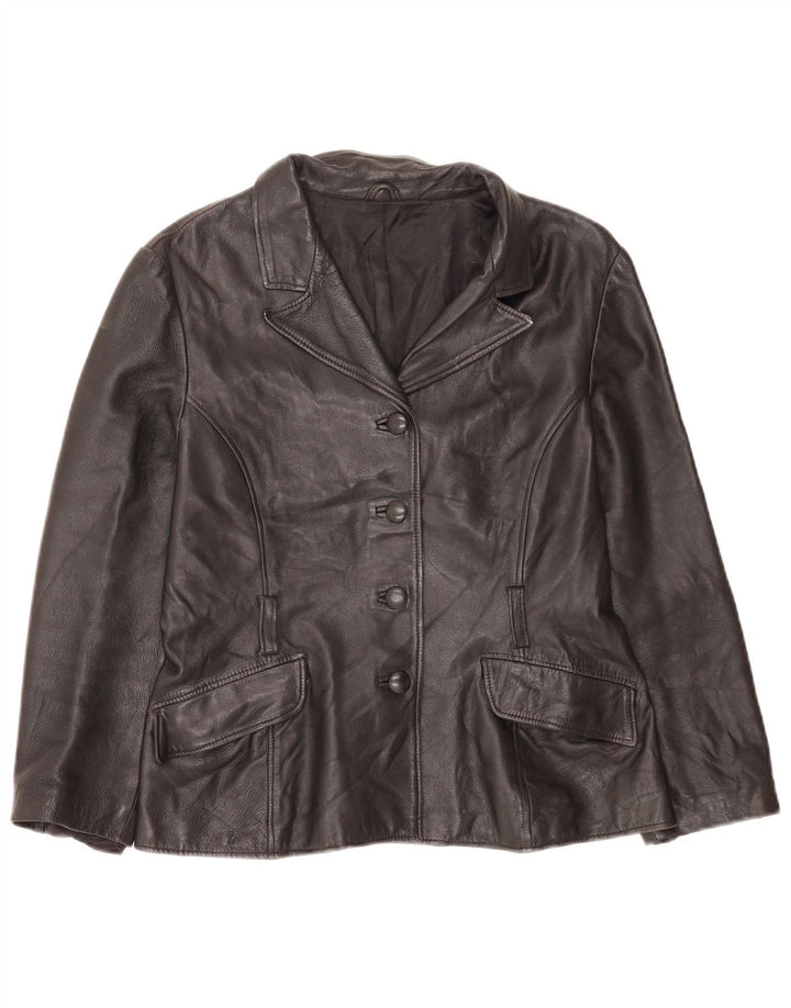 Giacca blazer in pelle vintage da donna a 4 bottoni UK 14 media nera classica