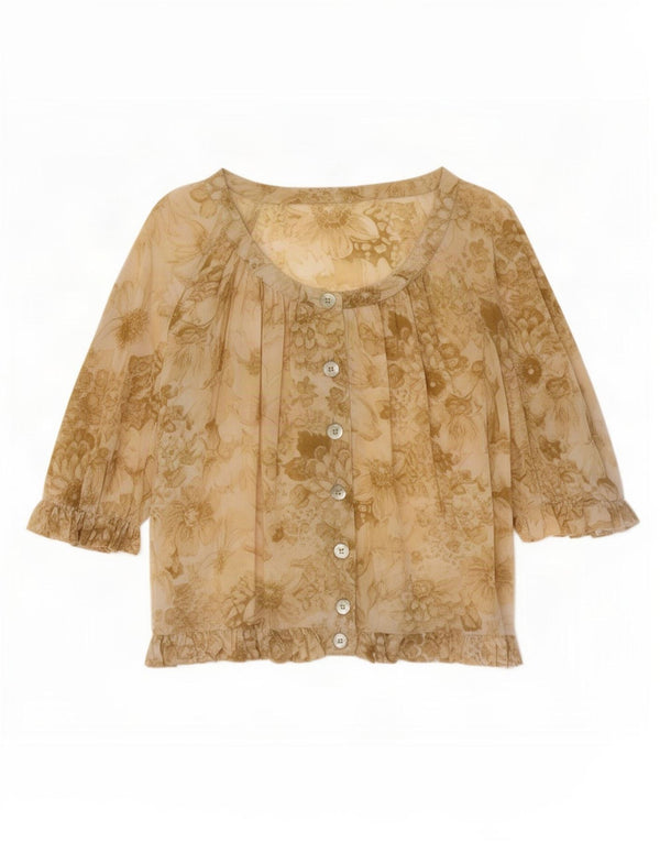 Camicetta vintage da donna a maniche corte UK 14 grande floreale beige