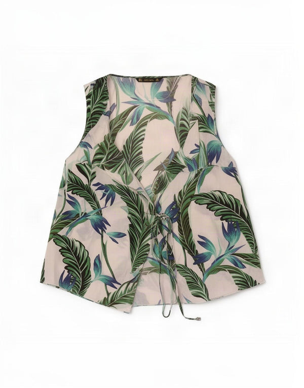 Zara Womens Sleeveless Wrap Shirt Blouse UK 14 Medium White Floral