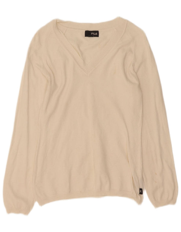 Maglione maglione con scollo a V da donna Fila UK 14 grande cotone bianco sporco