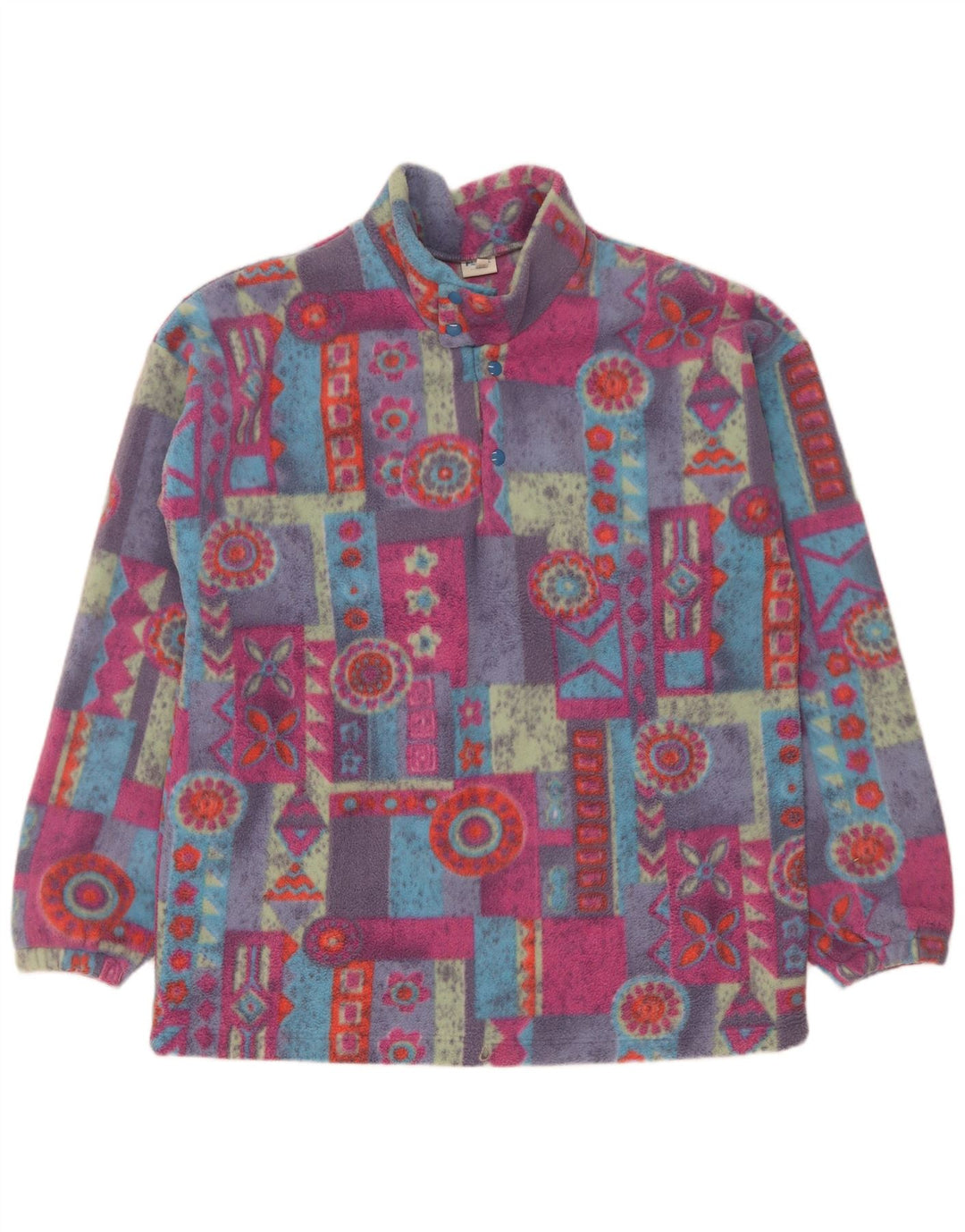 Maglione in pile da uomo vintage con bottoni e collo XL in poliestere geometrico multicolore