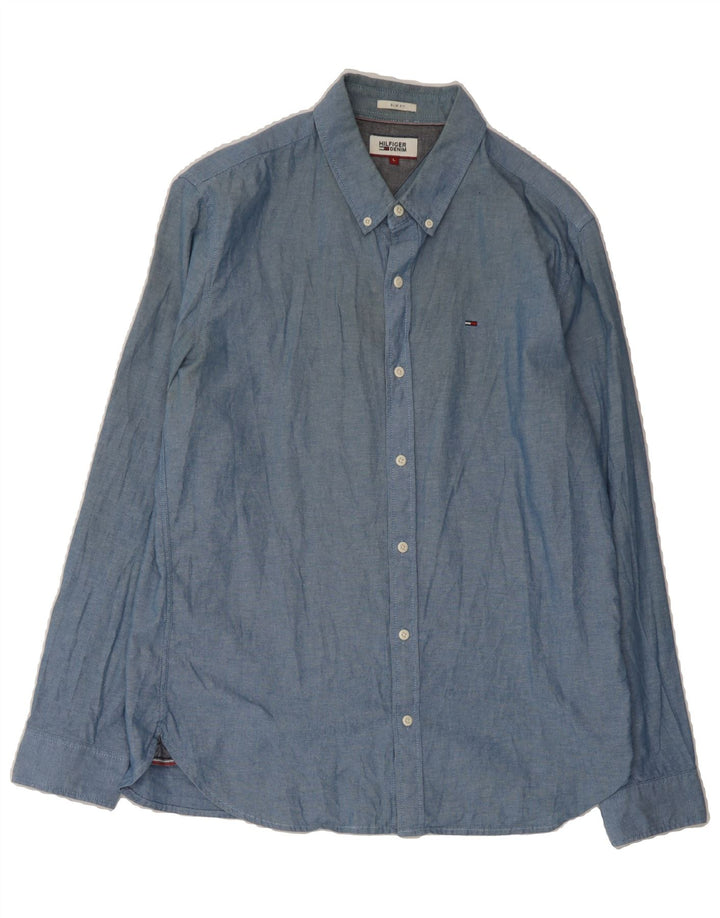 TOMMY HILFIGER Mens Slim Fit Shirt Large Blue Cotton Vintage Tommy Hilfiger and Second-Hand Tommy Hilfiger from Messina Hembry 