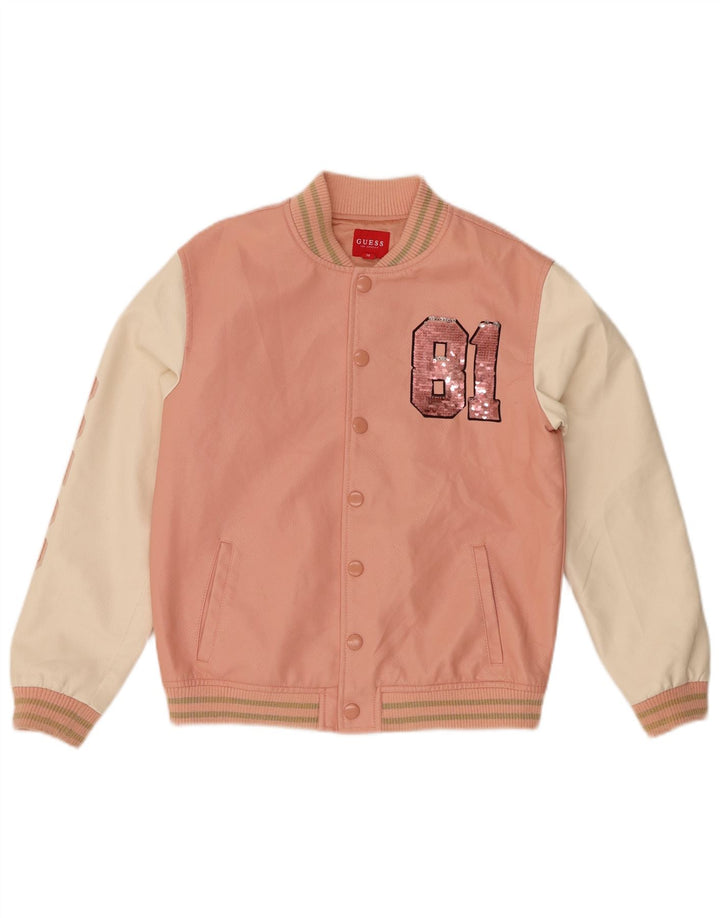 GUESS Girls Graphic Varsity Jacket 13-14 Years Pink Colourblock