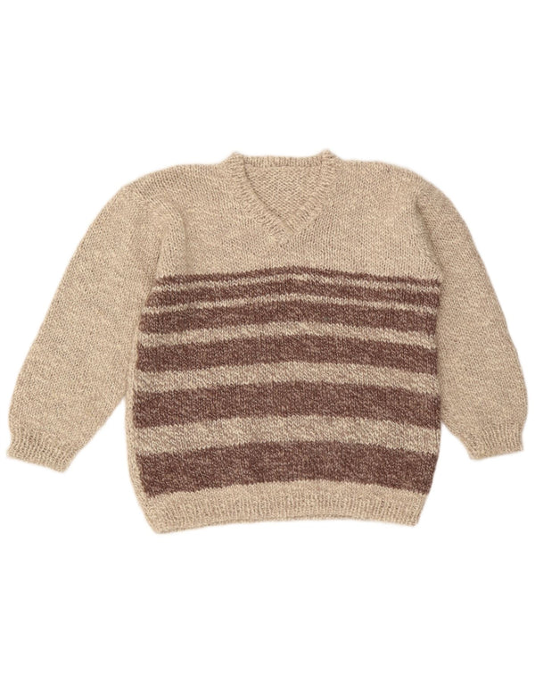 Maglione maglione con scollo a V da donna VINTAGE UK 16 Large Beige Colourblock