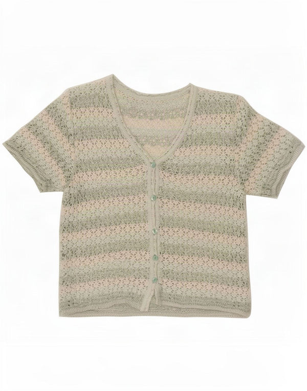Maglione cardigan a maniche corte da donna vintage UK 14 verde medio a righe