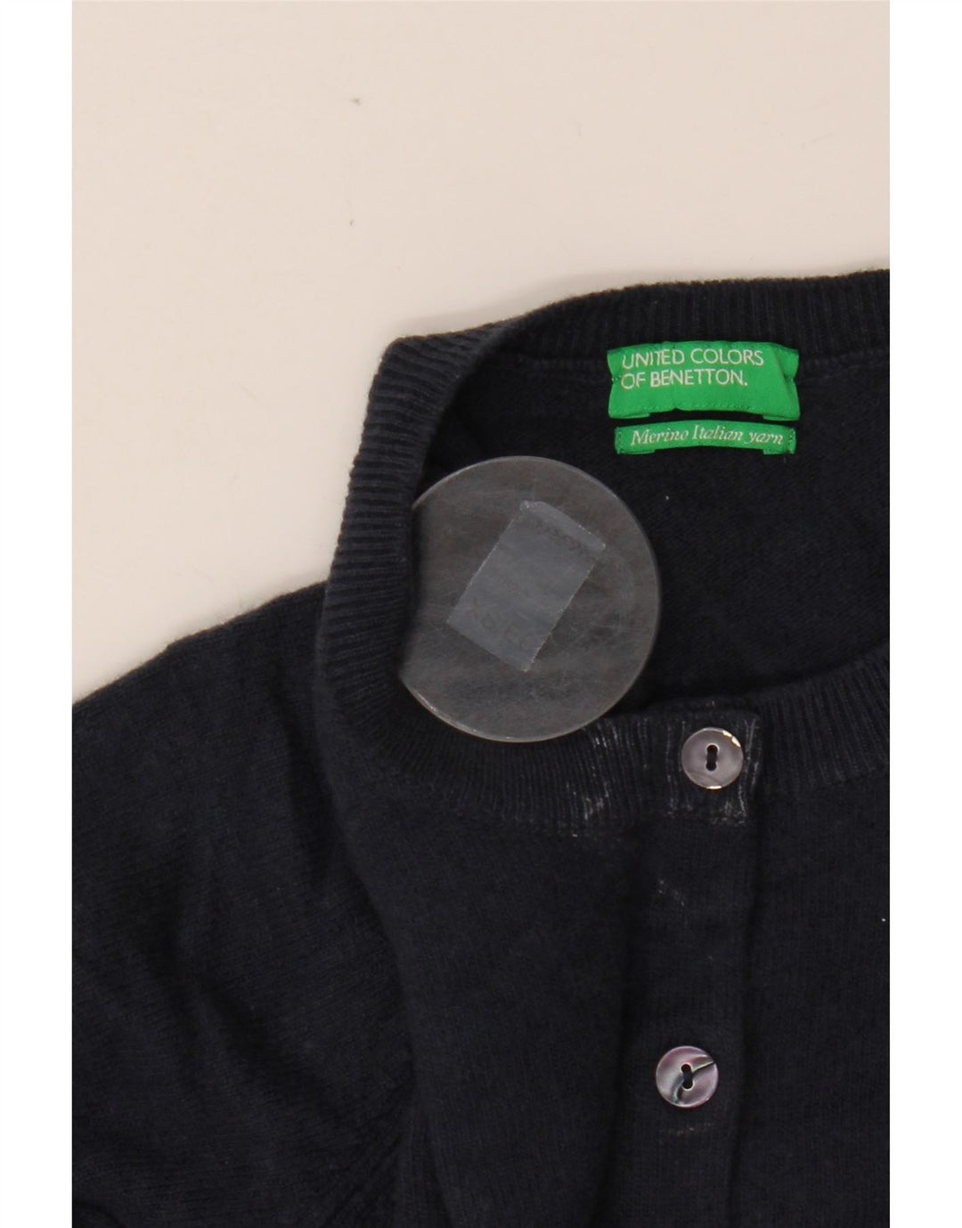 BENETTON Maglione cardigan corto da donna UK 6 XS Lana merino blu navy