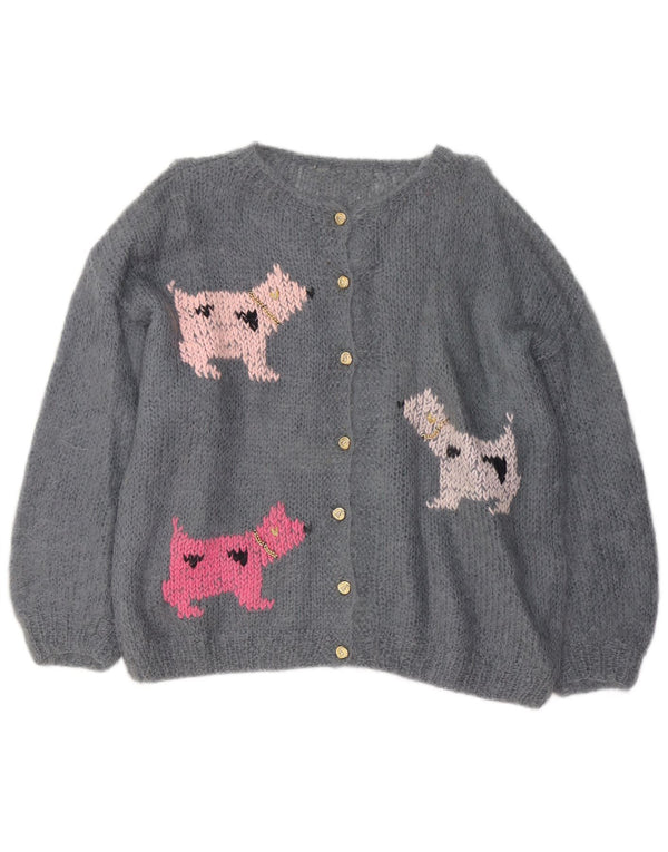 Maglione cardigan grafico da donna vintage UK 20 2XL Novità con stampa animalier grigia