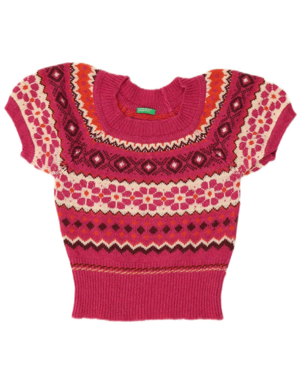 Maglione da donna con scollo a barca Benetton UK 10 Small Pink Fair Isle