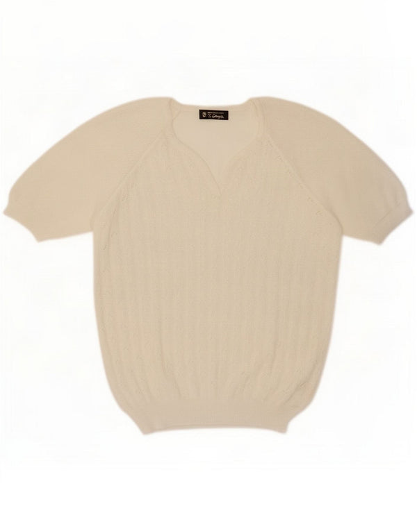 Maglione vintage da donna a maniche corte con scollo a V UK 16 Large White Cotton
